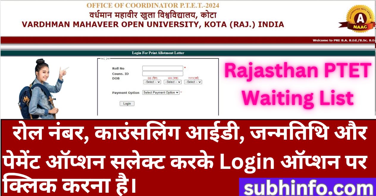 Rajasthan PTET Waiting List 2024